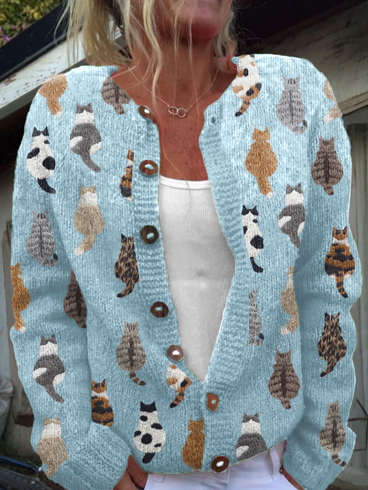 Cosy cat print knitted cardigan - Audrey