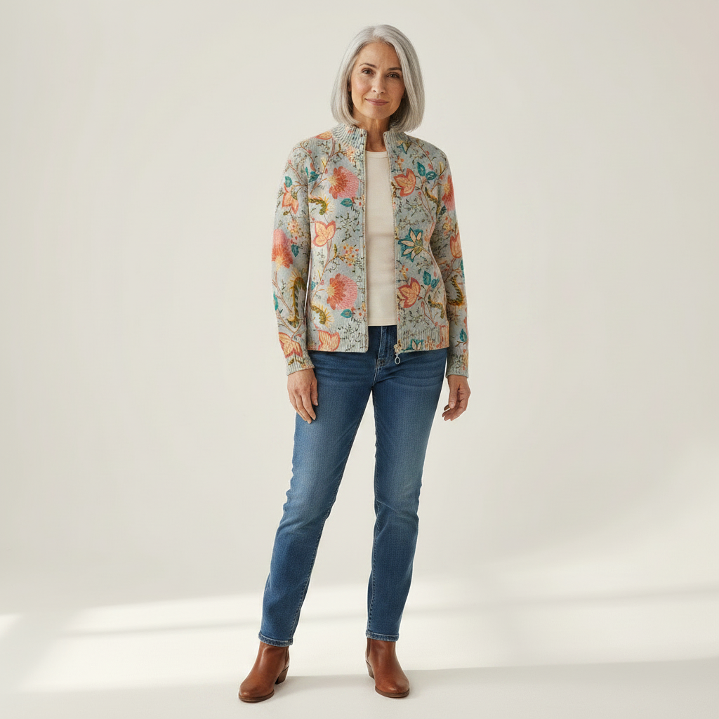 Camila - Climbing Rose Ribbon Zip Cardigan - View 1