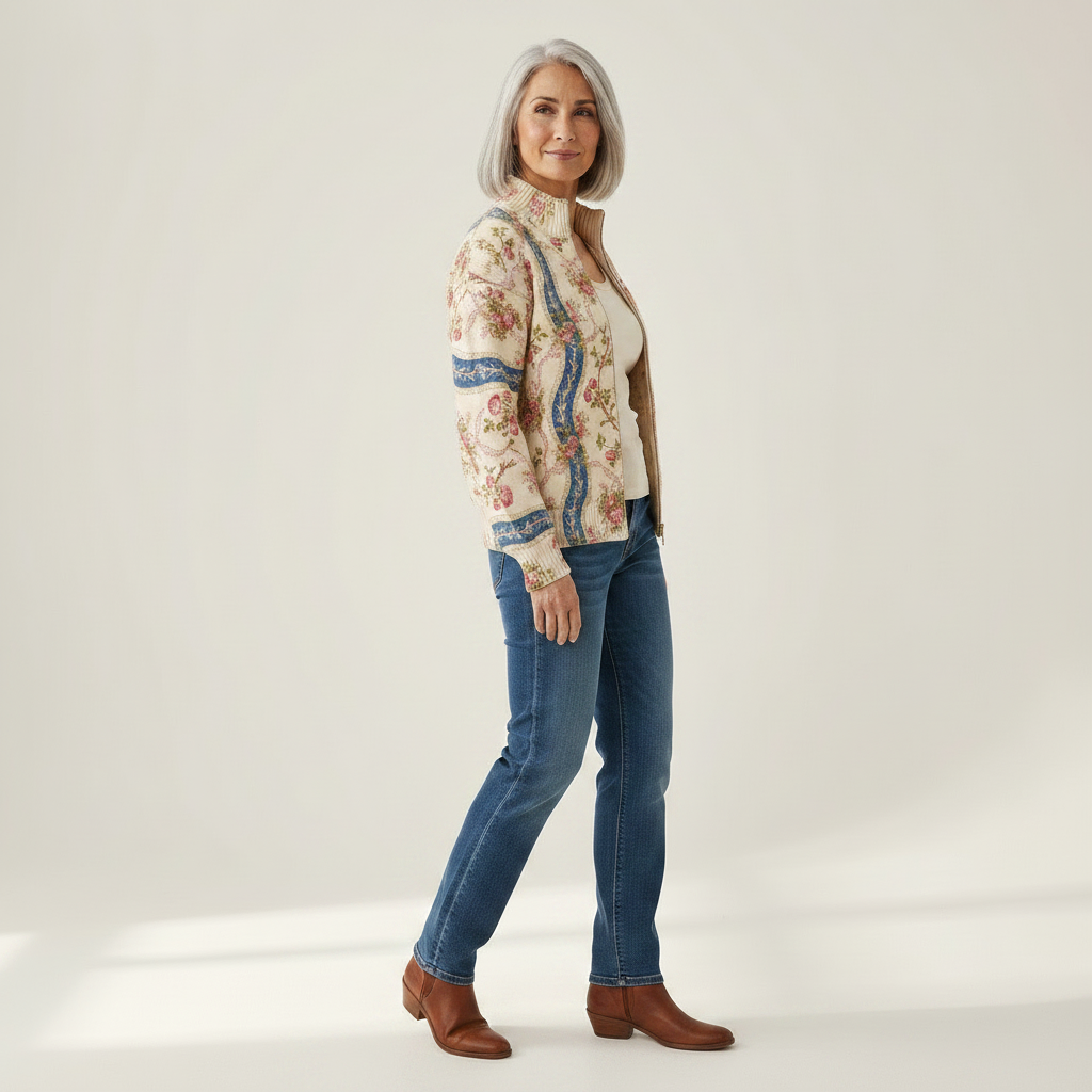 Camila - Climbing Rose Ribbon Zip Cardigan - View 2