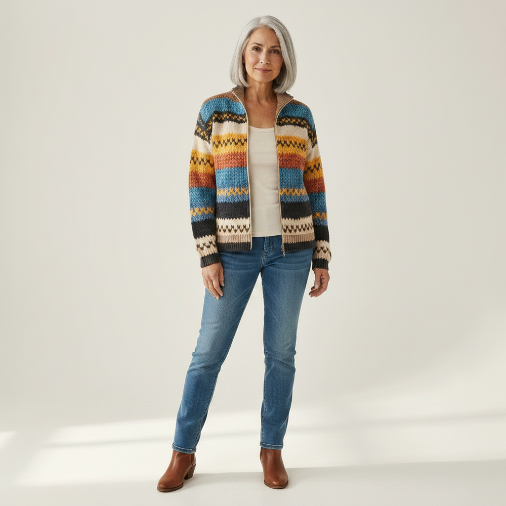 Jenna - Multicolour Zigzag Striped Zip Cardigan - View 1