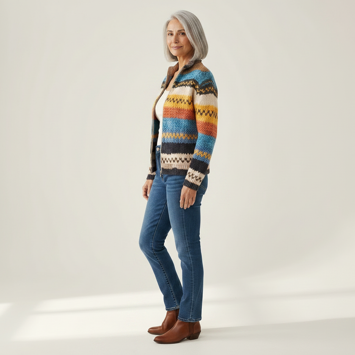 Jenna - Multicolour Zigzag Striped Zip Cardigan - View 2