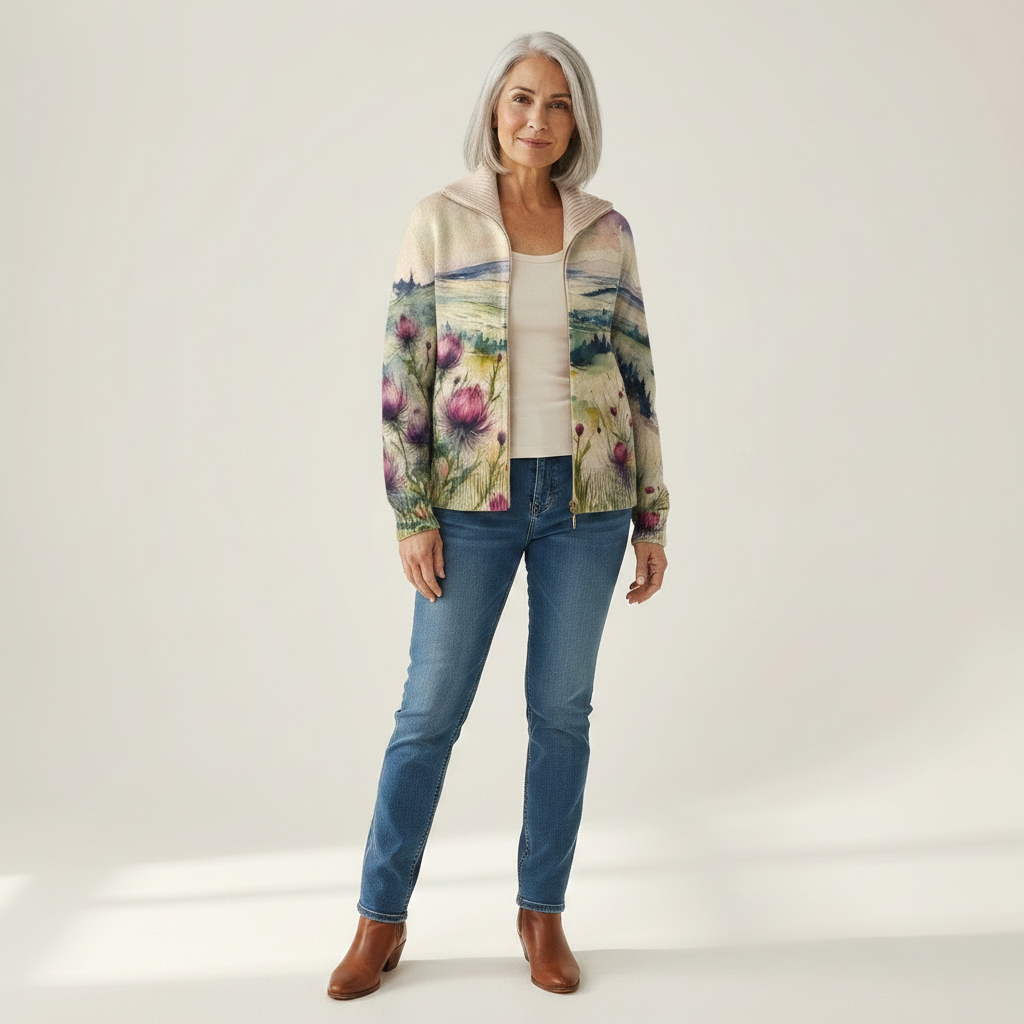 Avery - Scottish Thistle Landscape Zip Cardigan - View 1