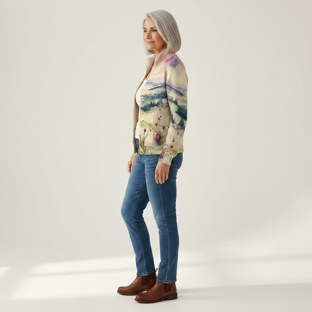 Avery - Scottish Thistle Landscape Zip Cardigan - View 2
