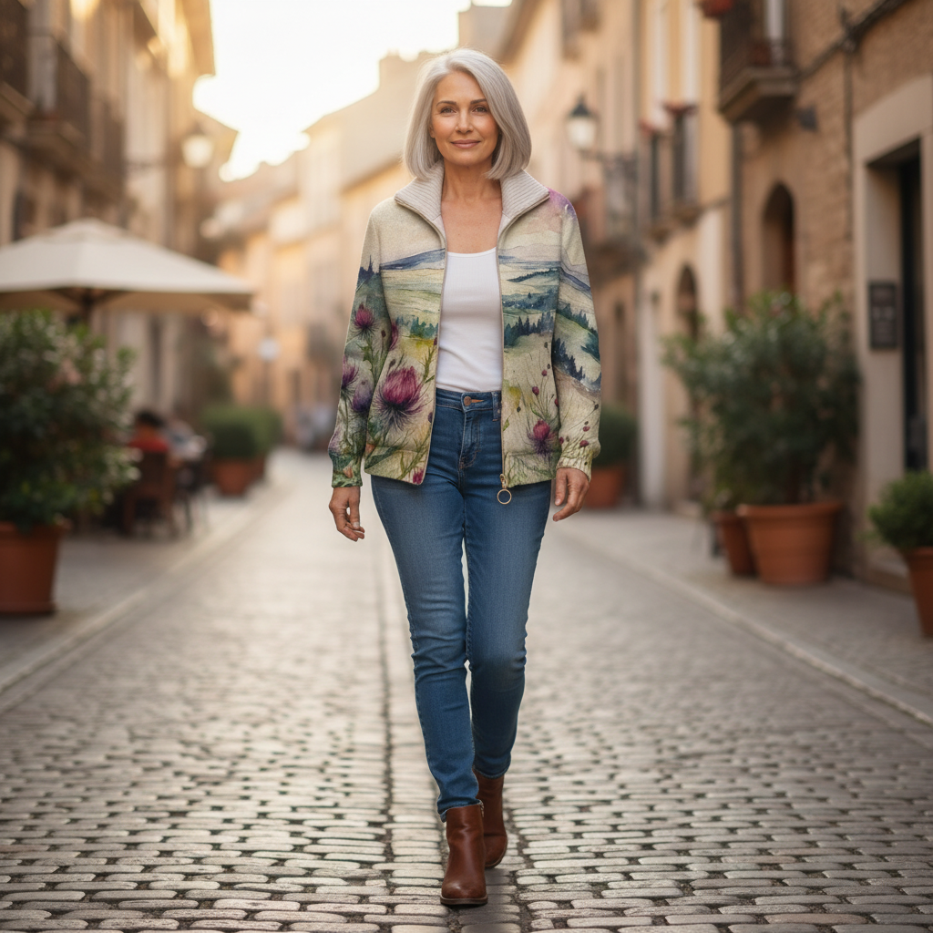 Avery - Scottish Thistle Landscape Zip Cardigan - View 4