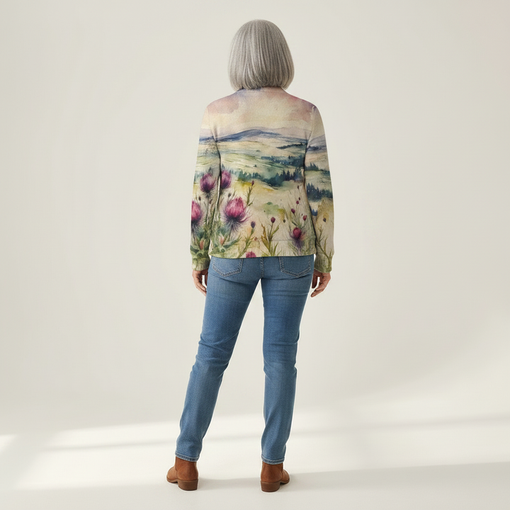 Avery - Scottish Thistle Landscape Zip Cardigan - View 3