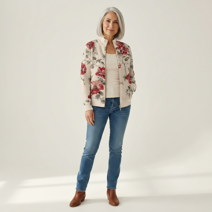 Penelope - Vintage Rose Print Zip Cardigan - View 1