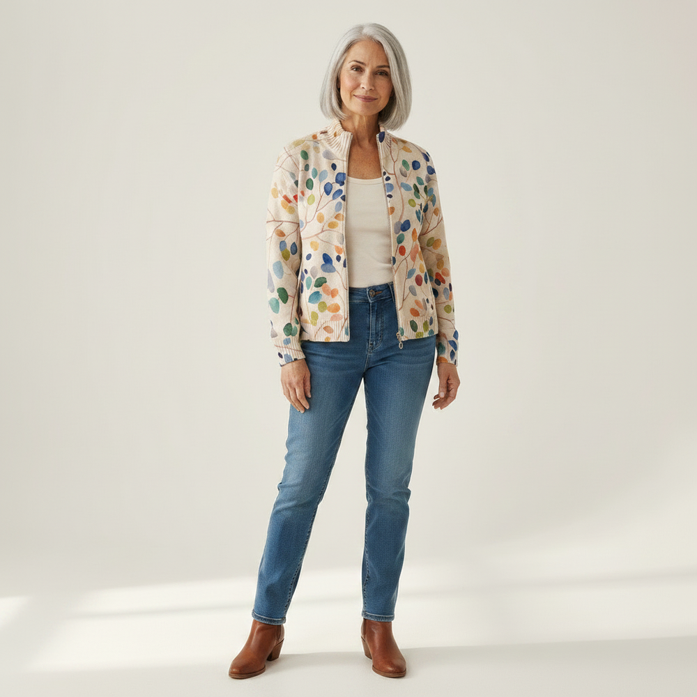 Fiona - Botanical Leaf Print Zip Cardigan - View 1