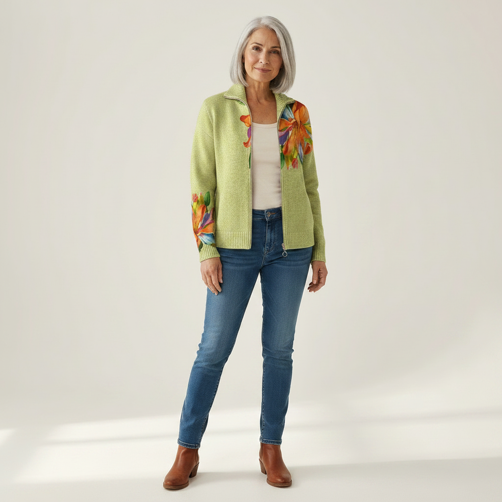 Isabella - Vibrant Tropical Lily Floral Zip Cardigan - View 1