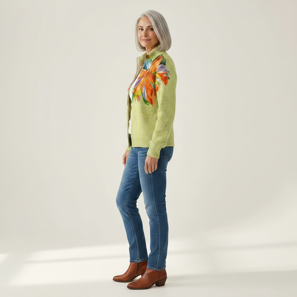 Isabella - Vibrant Tropical Lily Floral Zip Cardigan - View 2