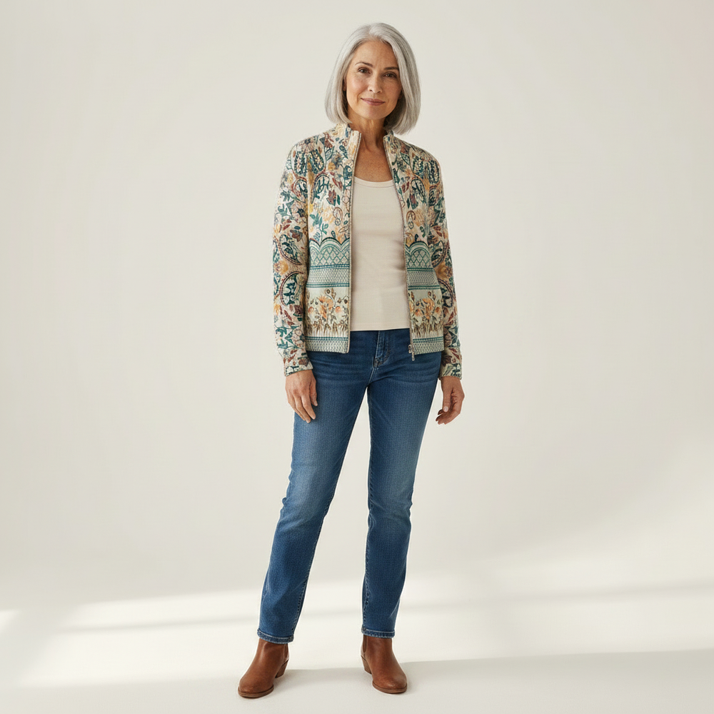 Olivia - Vintage Floral Botanical Border Zip Cardigan - View 1