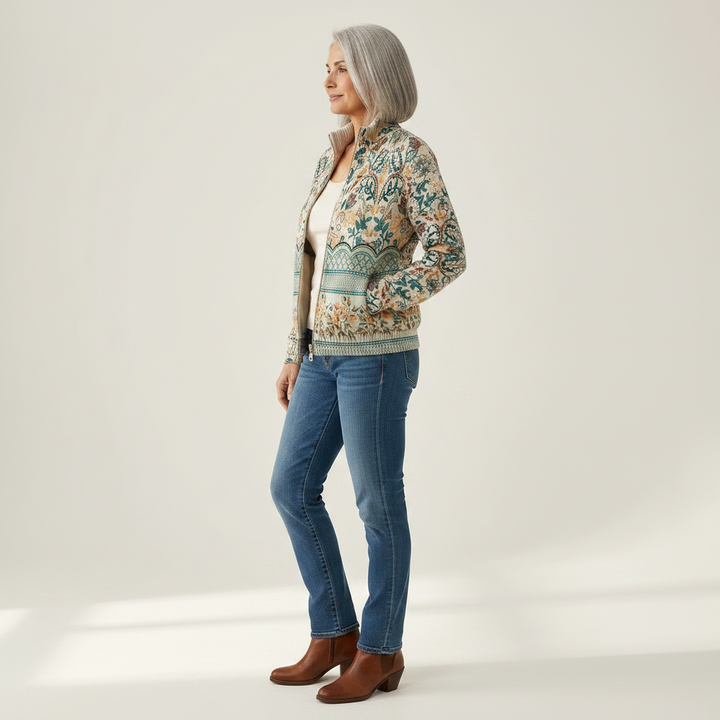 Olivia - Vintage Floral Botanical Border Zip Cardigan - View 2