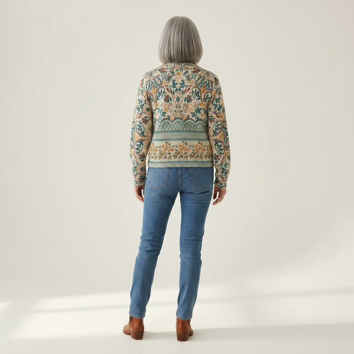 Olivia - Vintage Floral Botanical Border Zip Cardigan - View 3