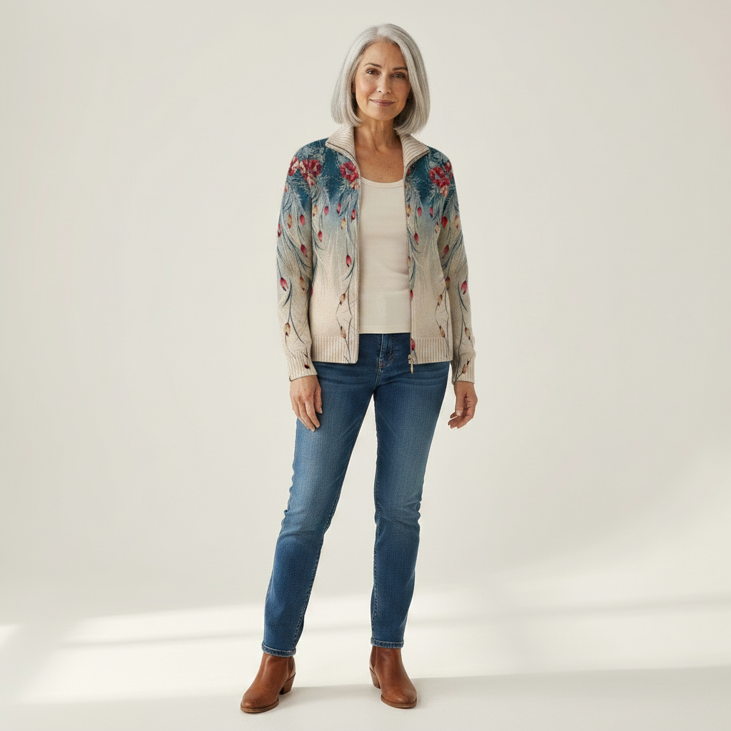 Gabrielle - Floral Peacock Feather Gradient Zip Cardigan - View 1