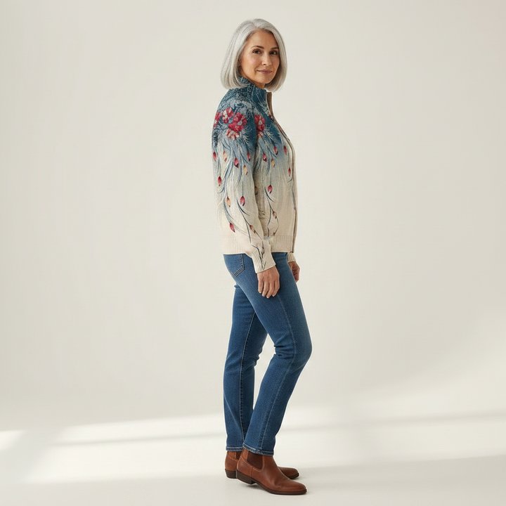 Gabrielle - Floral Peacock Feather Gradient Zip Cardigan - View 2