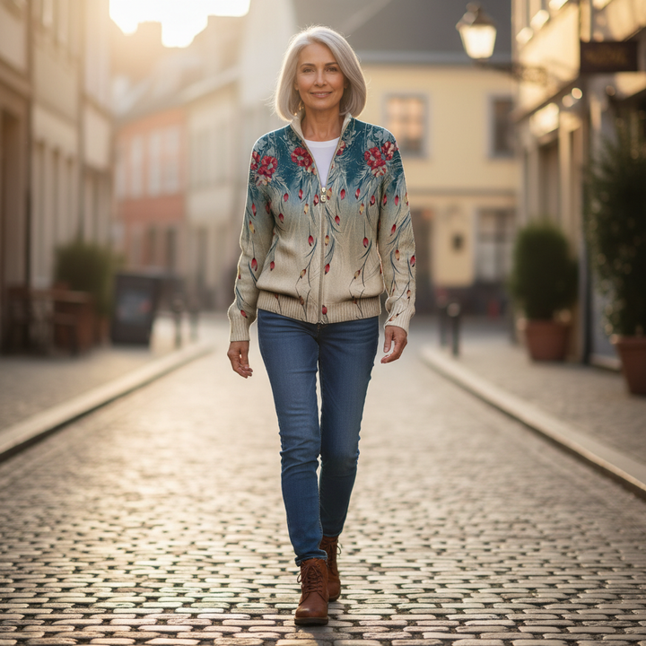 Gabrielle - Floral Peacock Feather Gradient Zip Cardigan - View 4