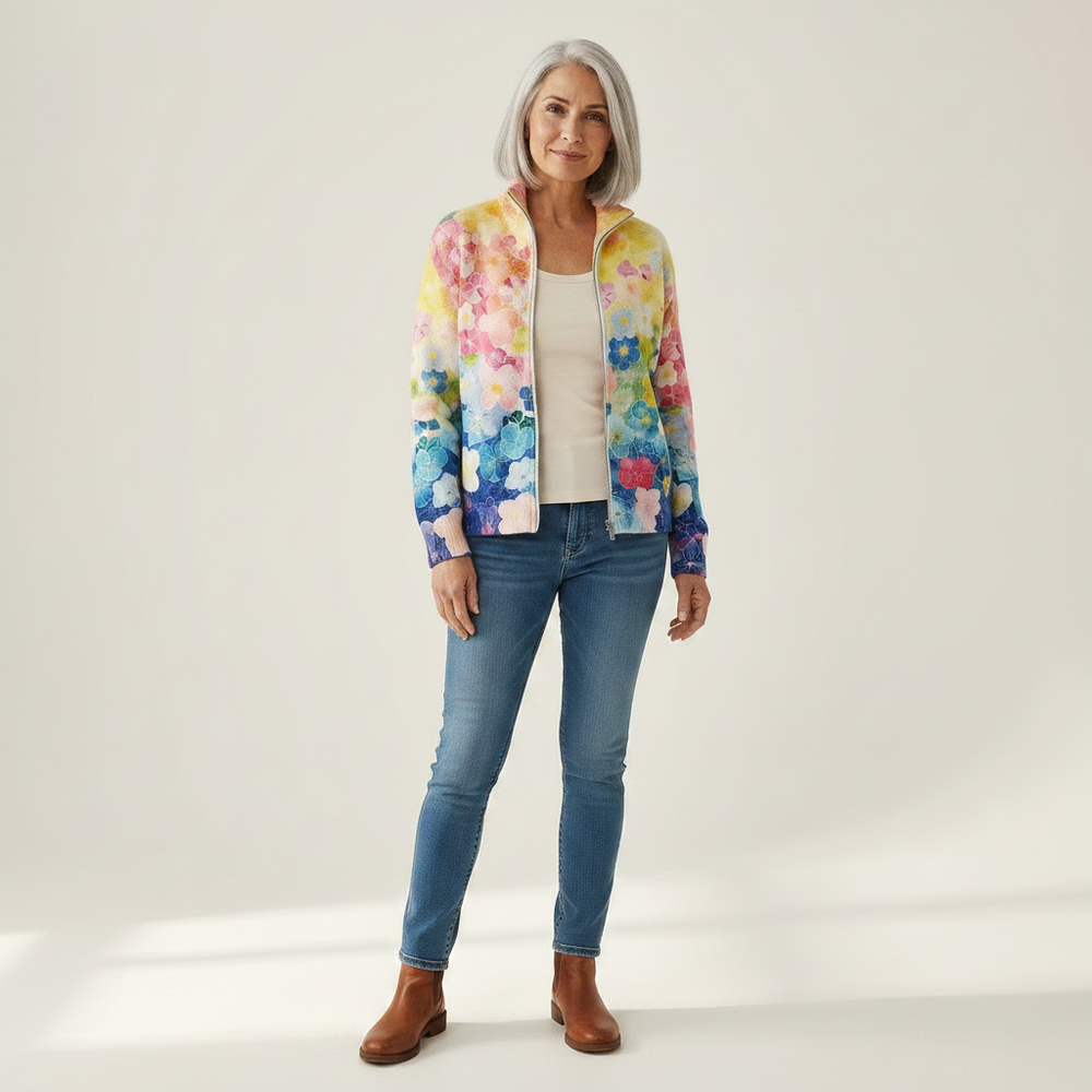 Natalie - Watercolour Floral Ombre Zip Cardigan - View 1