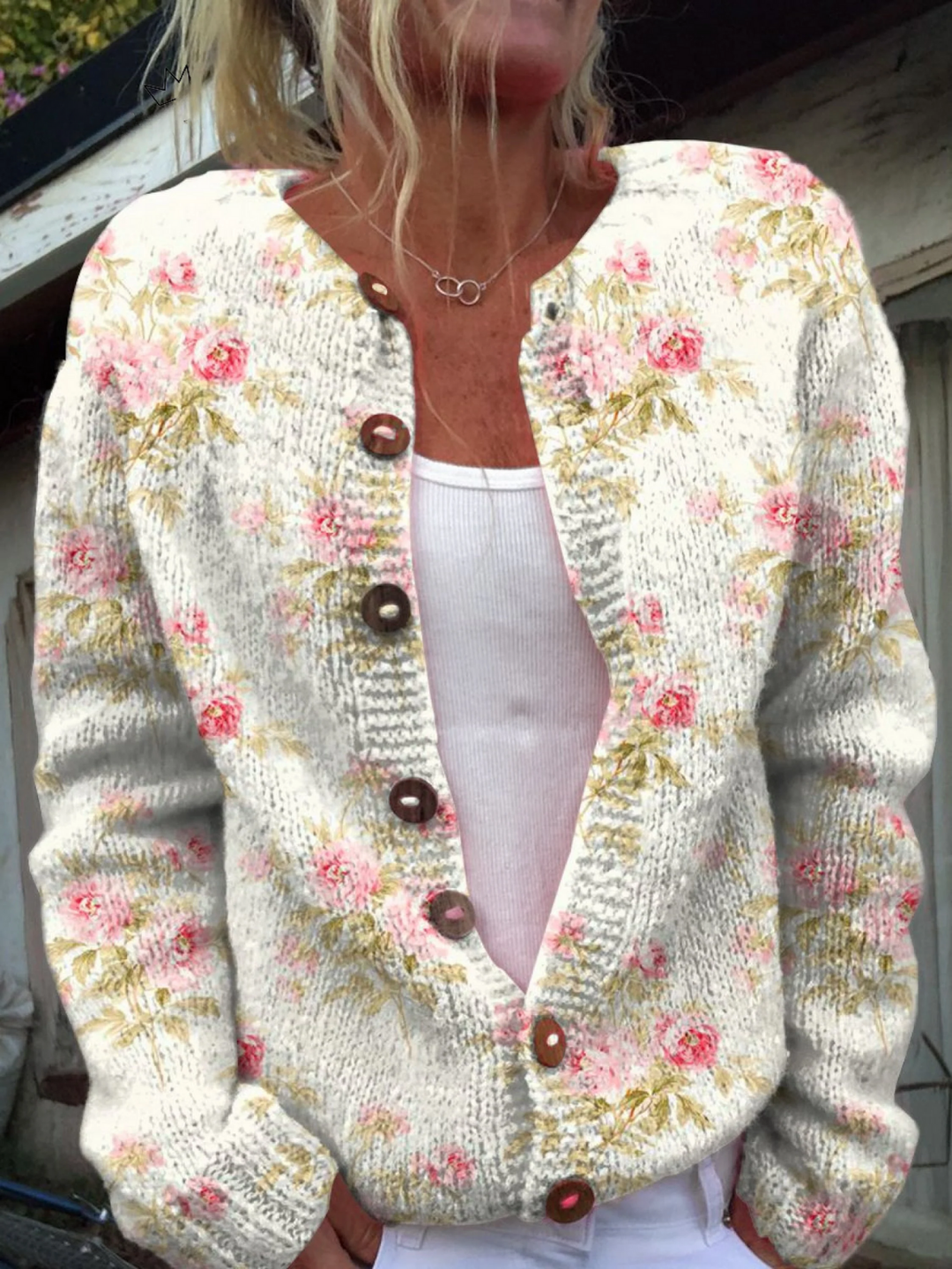 Pink floral chunky knit cardigan - Naomi