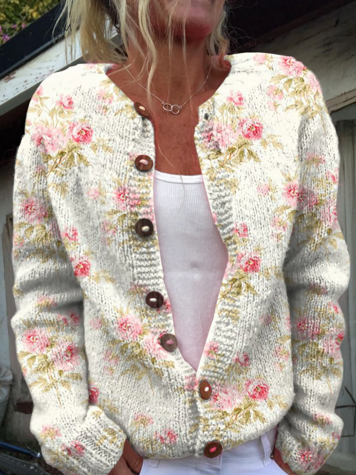 Pink floral chunky knit cardigan - Naomi