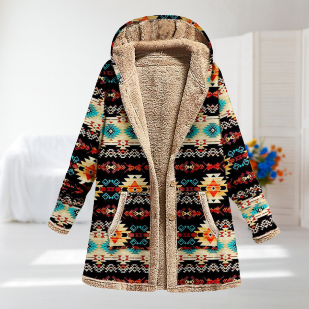 Federica - Black Aztec Hooded Coat