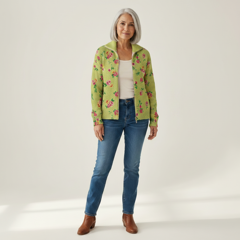 Lauren - Pink Floral Lime Zip Cardigan - View 1