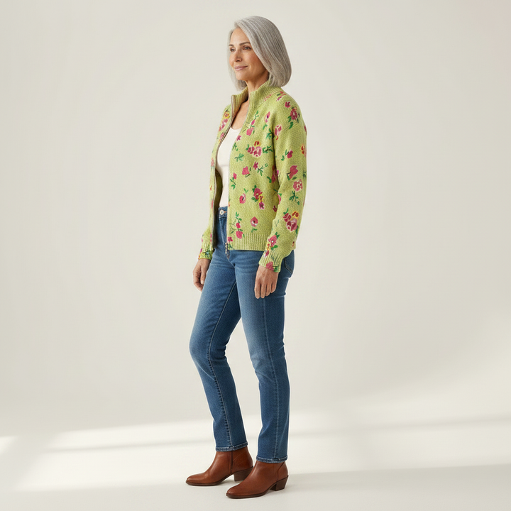 Lauren - Pink Floral Lime Zip Cardigan - View 2