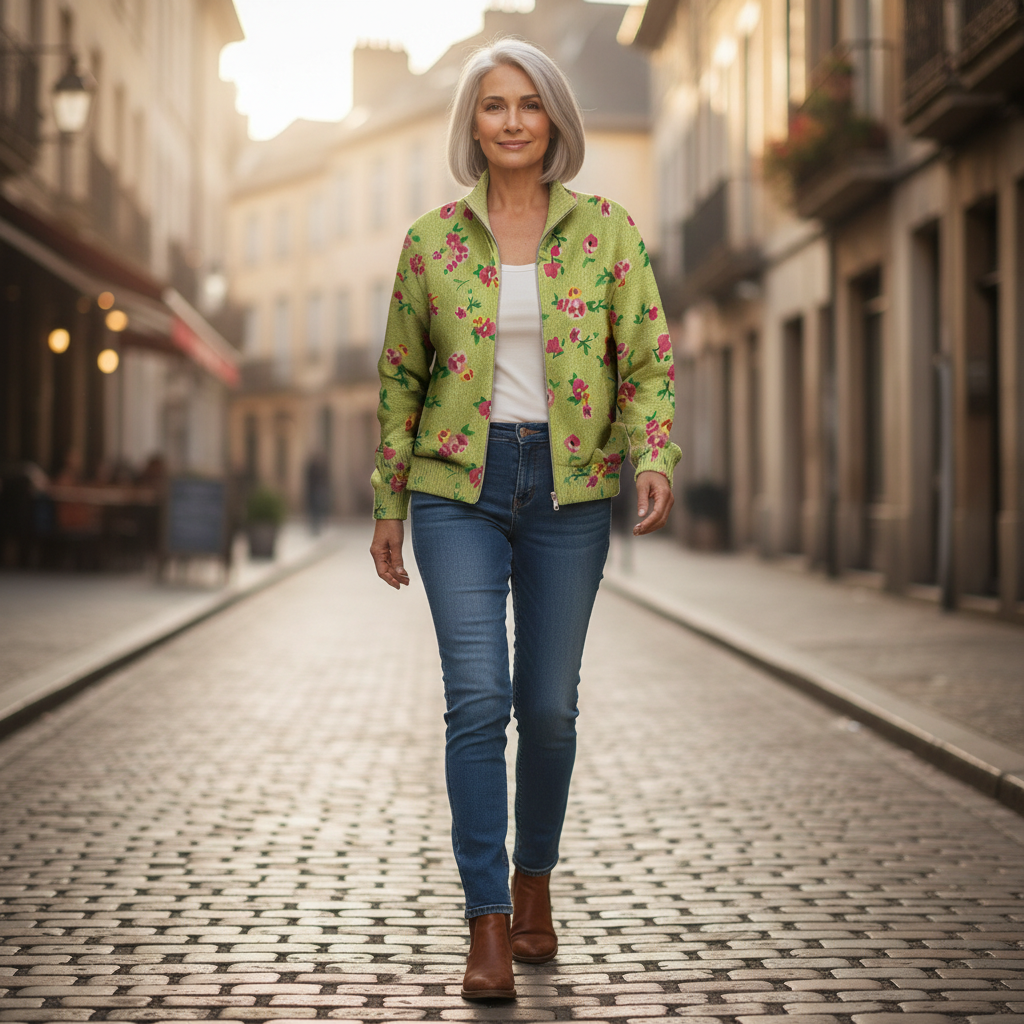 Lauren - Pink Floral Lime Zip Cardigan - View 4