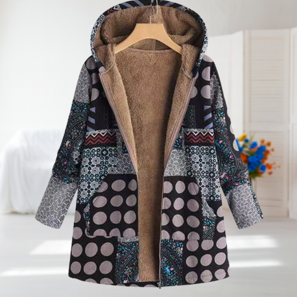 Amandine - Black Patchwork Hooded Coat