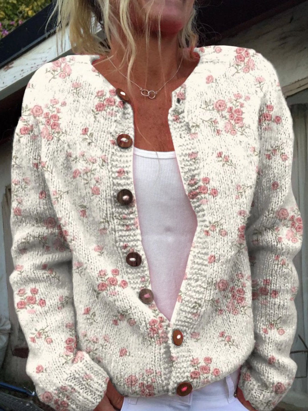 Pink rose print knitted cardigan - Paige