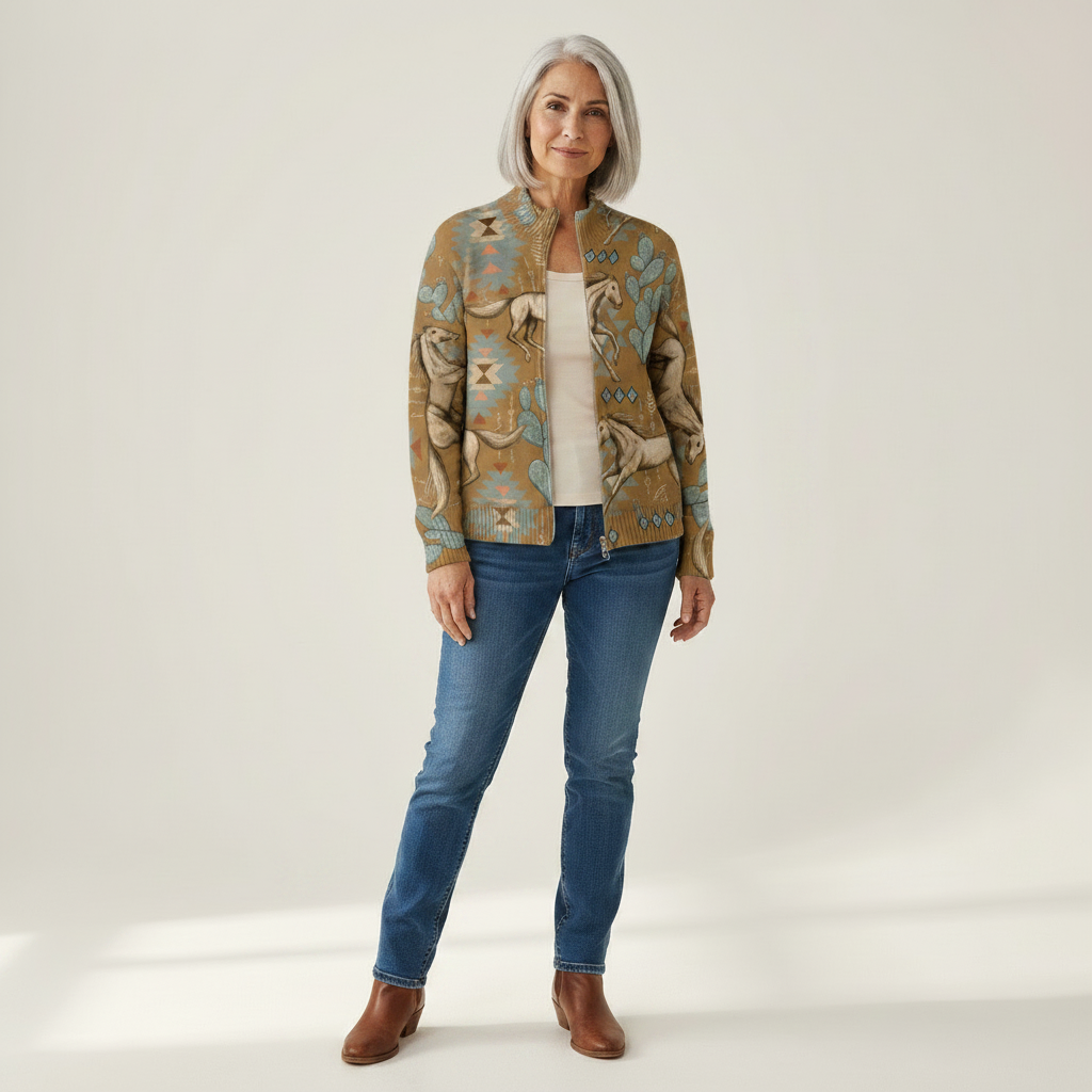 Kaitlyn - Desert Horse and Cactus Zip Cardigan - View 1