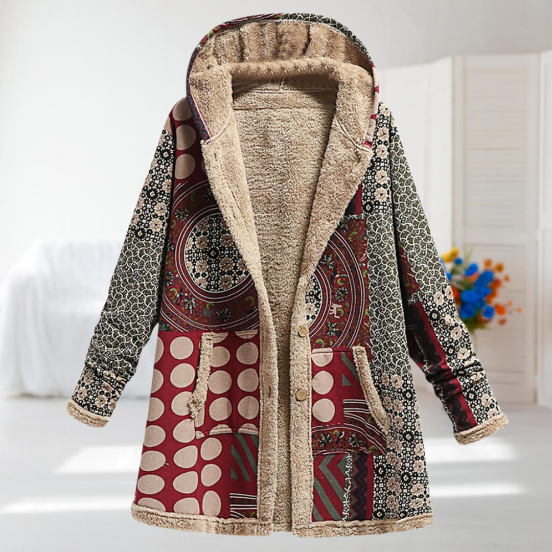 Francesca - Burgundy Print Hooded Coat