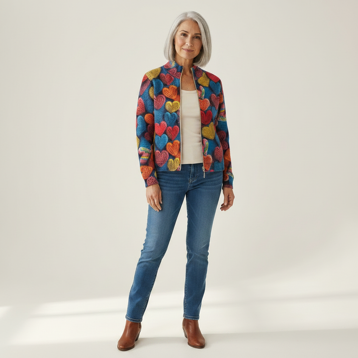 Madeline - Multicolour Hearts Textured Knit Zip Cardigan - View 1