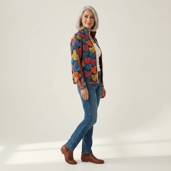 Madeline - Multicolour Hearts Textured Knit Zip Cardigan - View 2