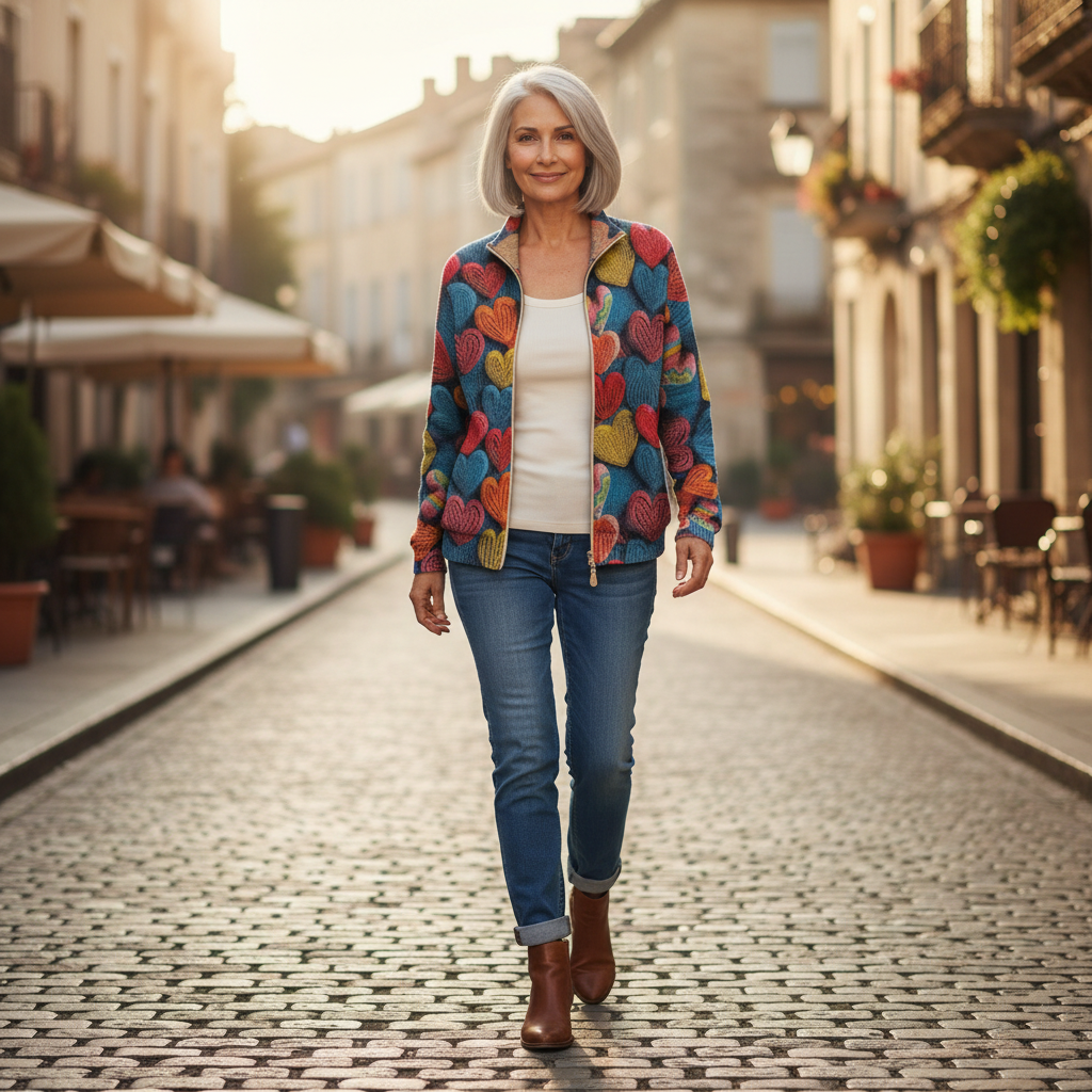 Madeline - Multicolour Hearts Textured Knit Zip Cardigan - View 4