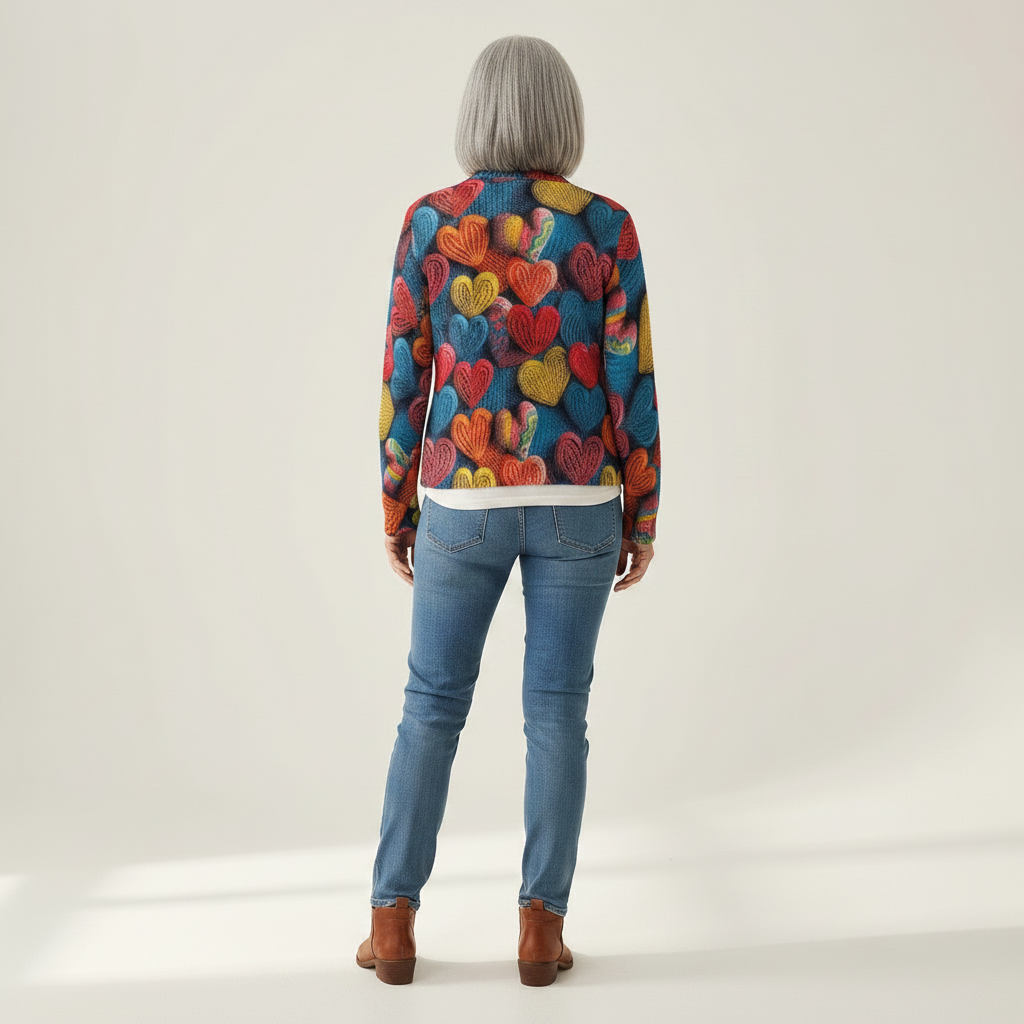 Madeline - Multicolour Hearts Textured Knit Zip Cardigan - View 3
