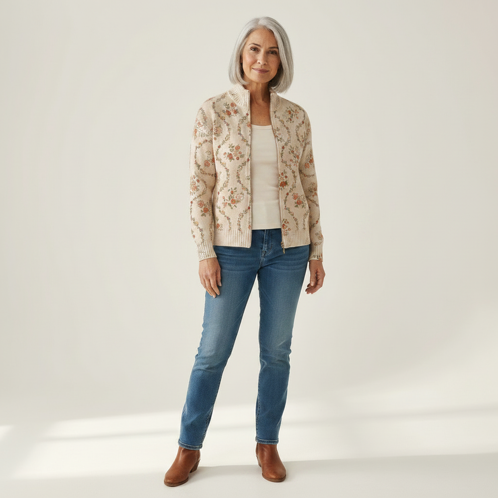 Danielle - Delicate Floral Vine Cream Zip Cardigan - View 1