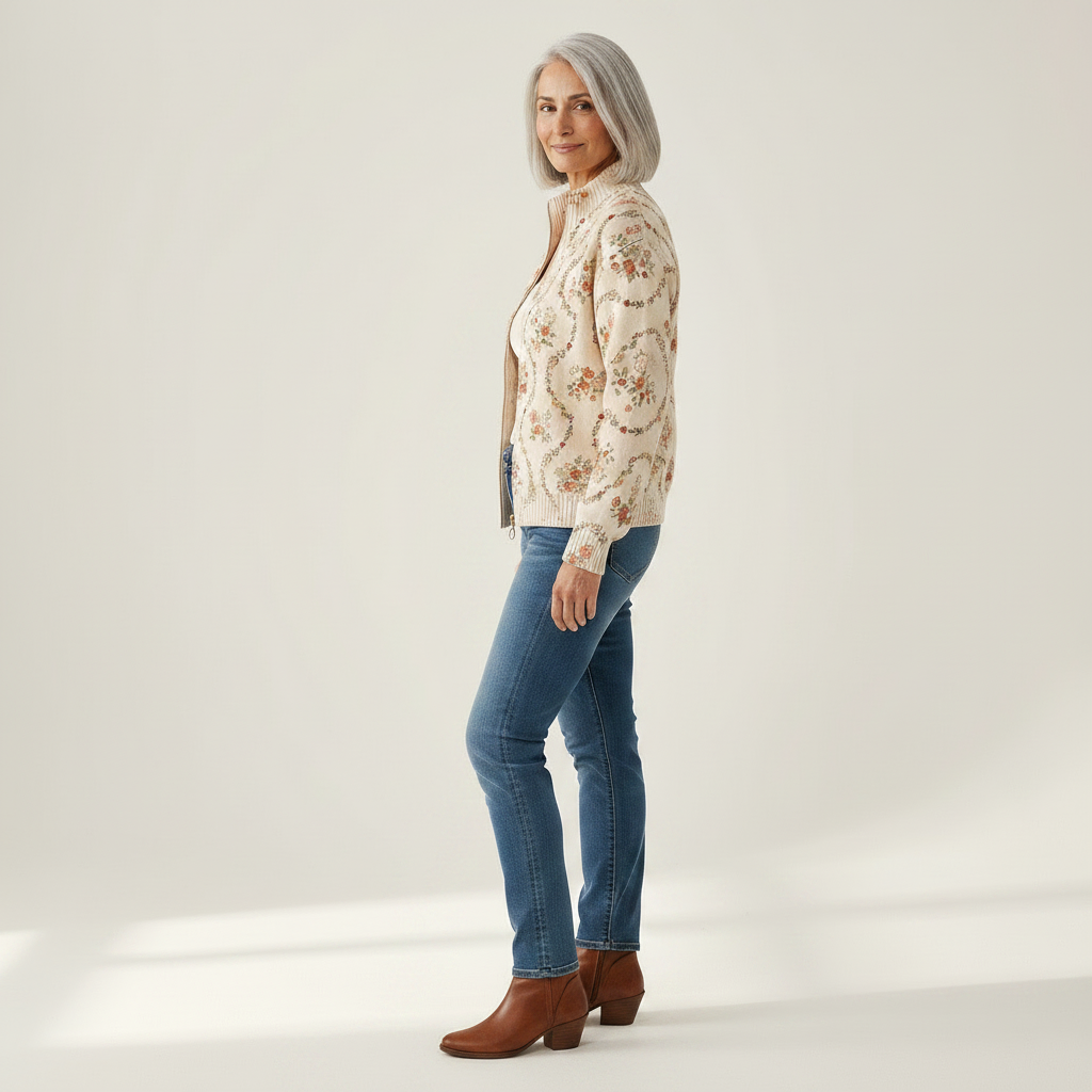 Danielle - Delicate Floral Vine Cream Zip Cardigan - View 2