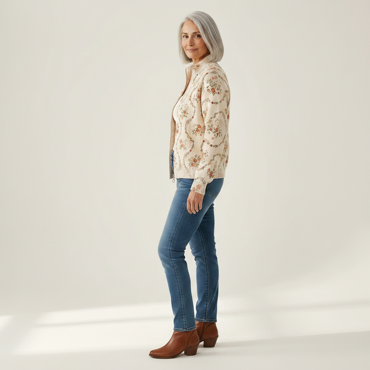 Danielle - Delicate Floral Vine Cream Zip Cardigan - View 2