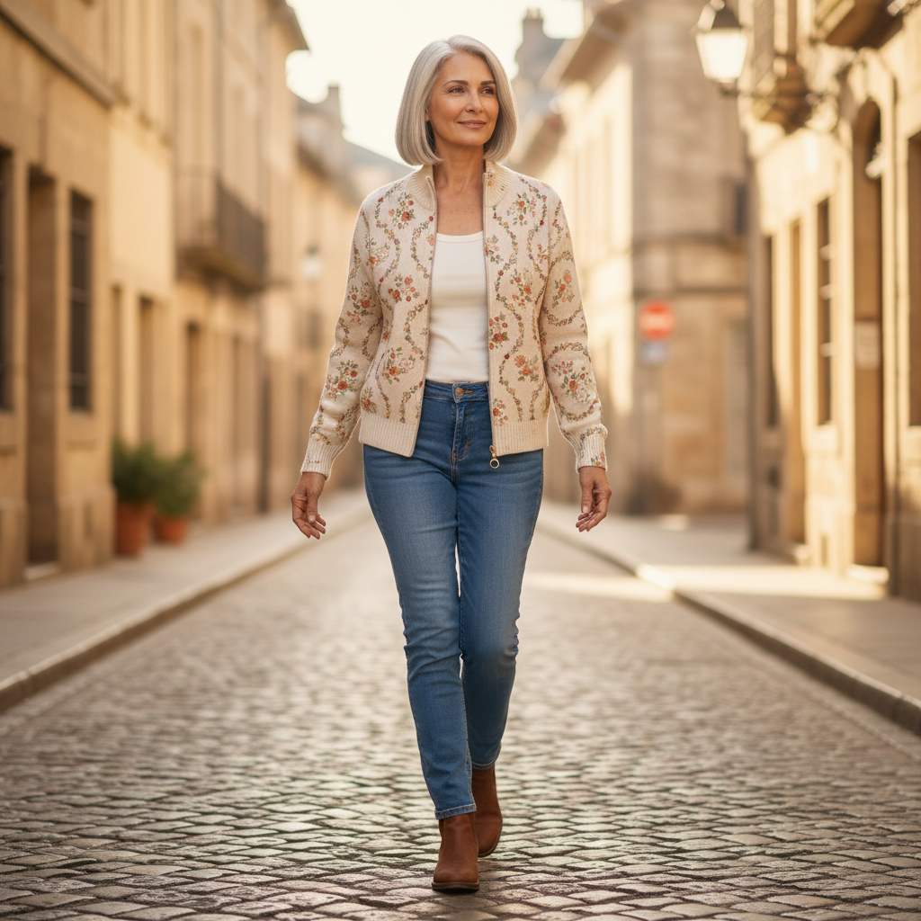 Danielle - Delicate Floral Vine Cream Zip Cardigan - View 4
