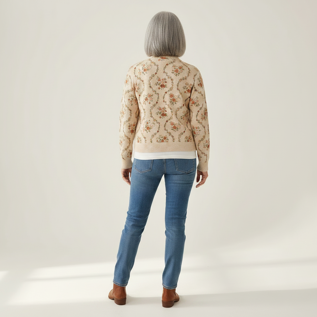 Danielle - Delicate Floral Vine Cream Zip Cardigan - View 3