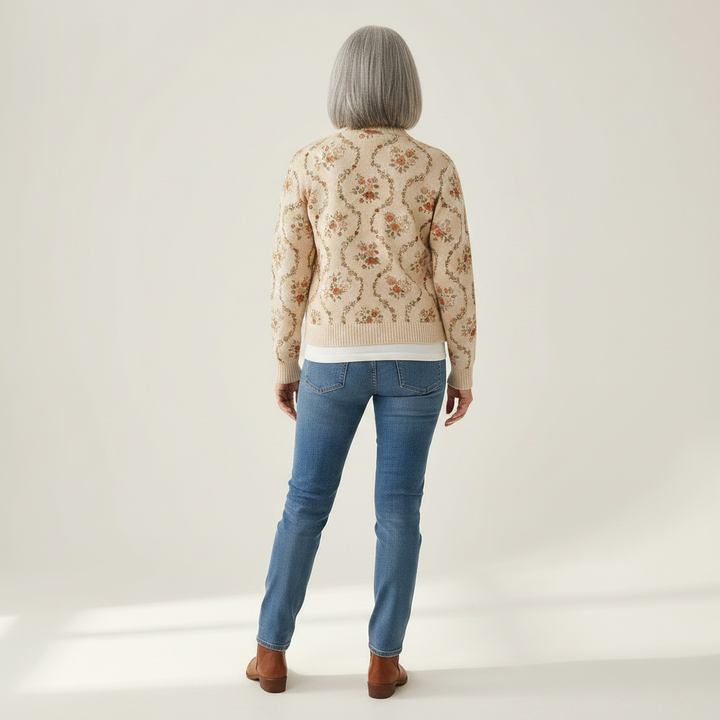 Danielle - Delicate Floral Vine Cream Zip Cardigan - View 3