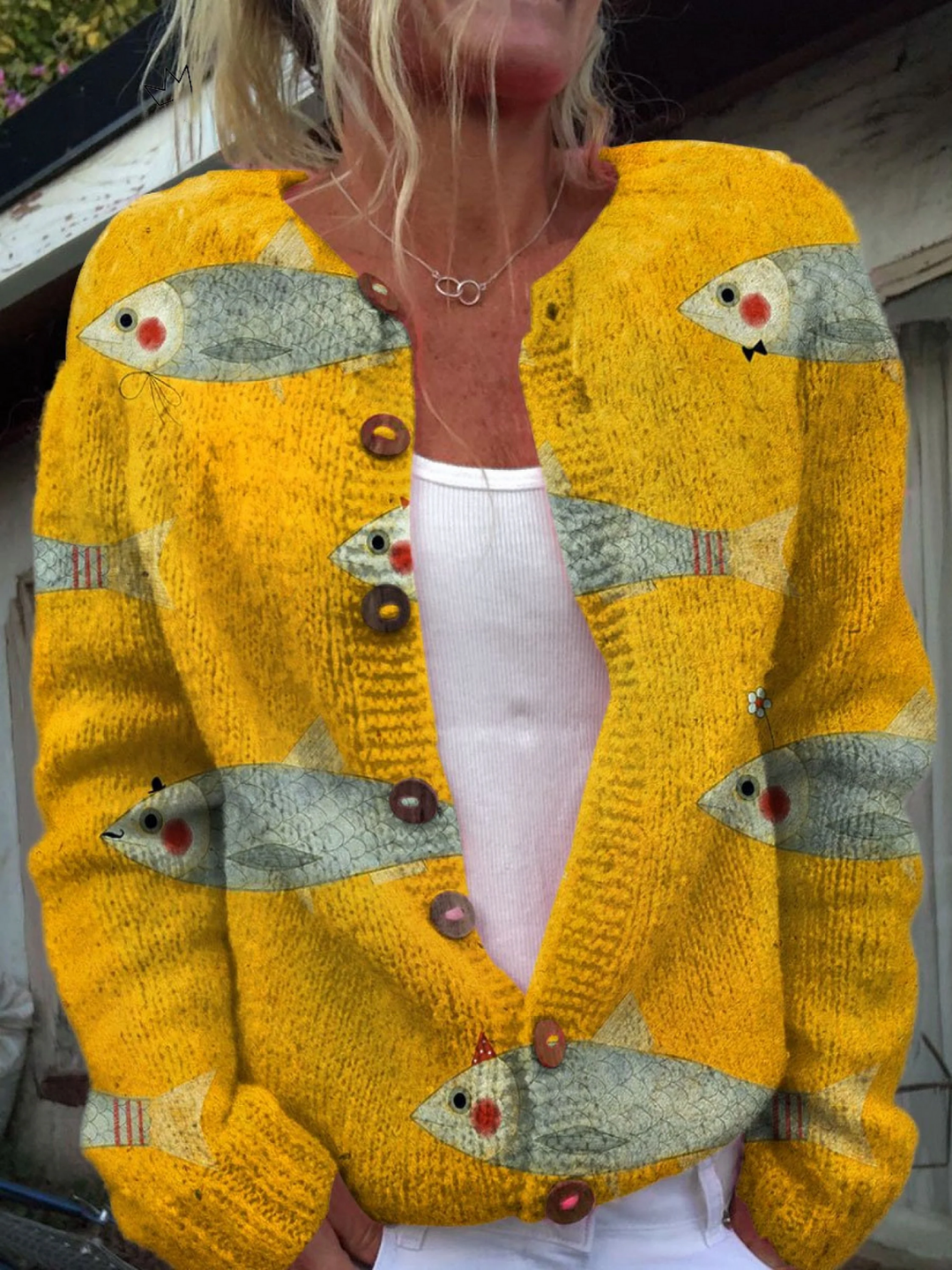 Golden yellow fish print knitted cardigan - Kelsey