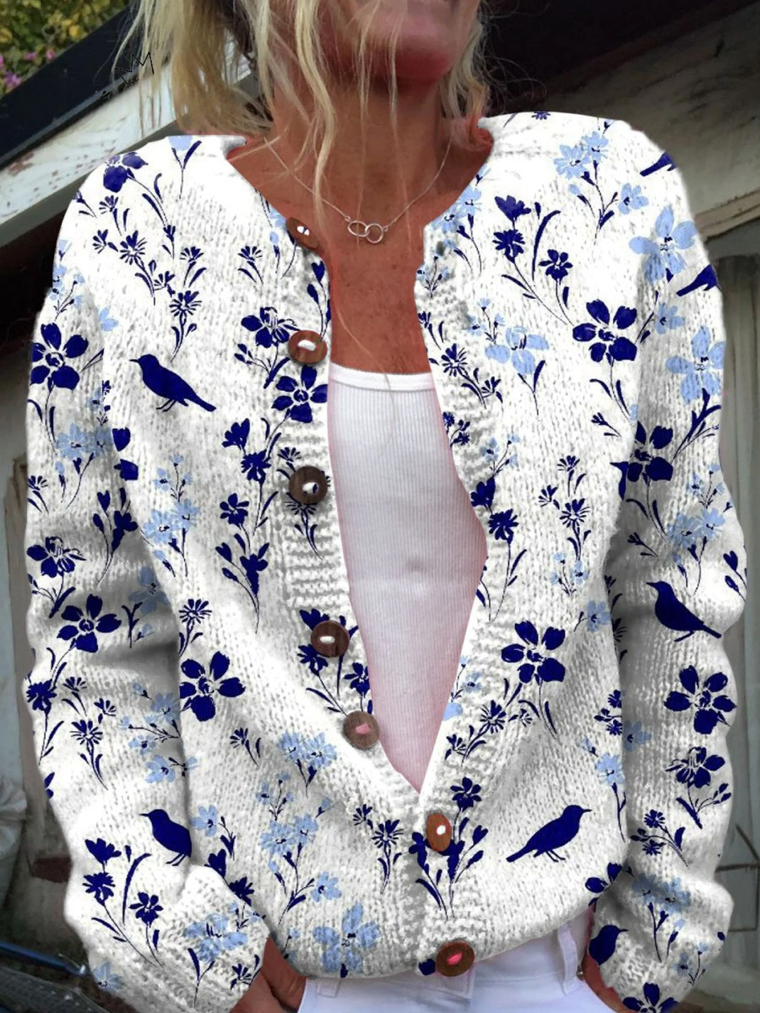 Navy bird print knitted cardigan - Iris