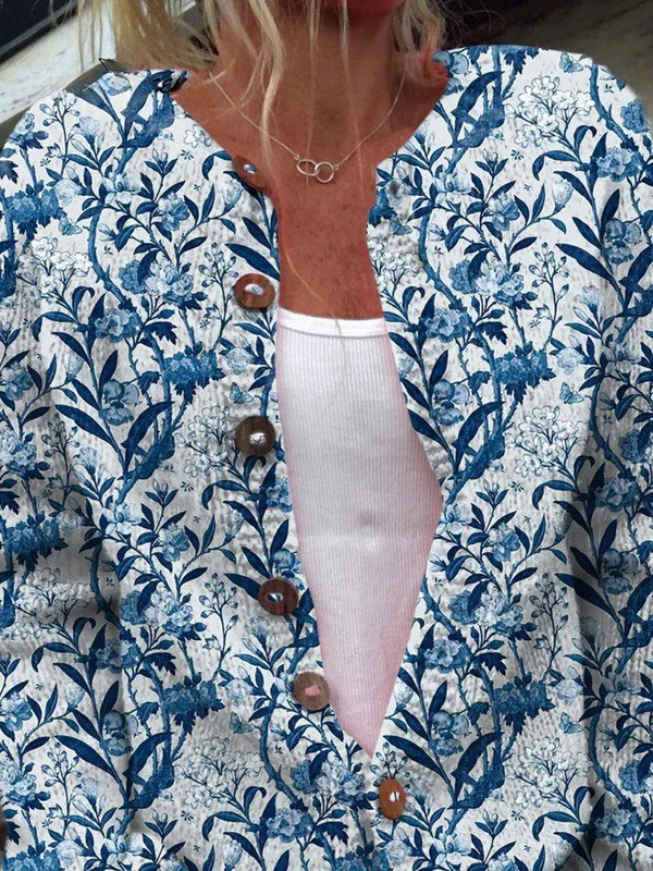 Blue botanical print knitted cardigan - Maya
