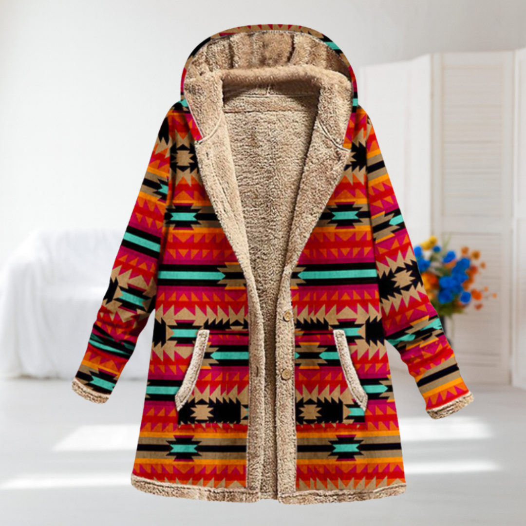 Giulia - Orange Aztec Hooded Coat