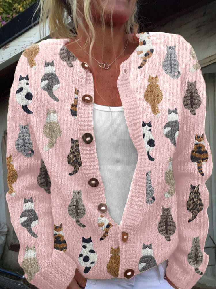 Cosy cat print knitted cardigan - Audrey