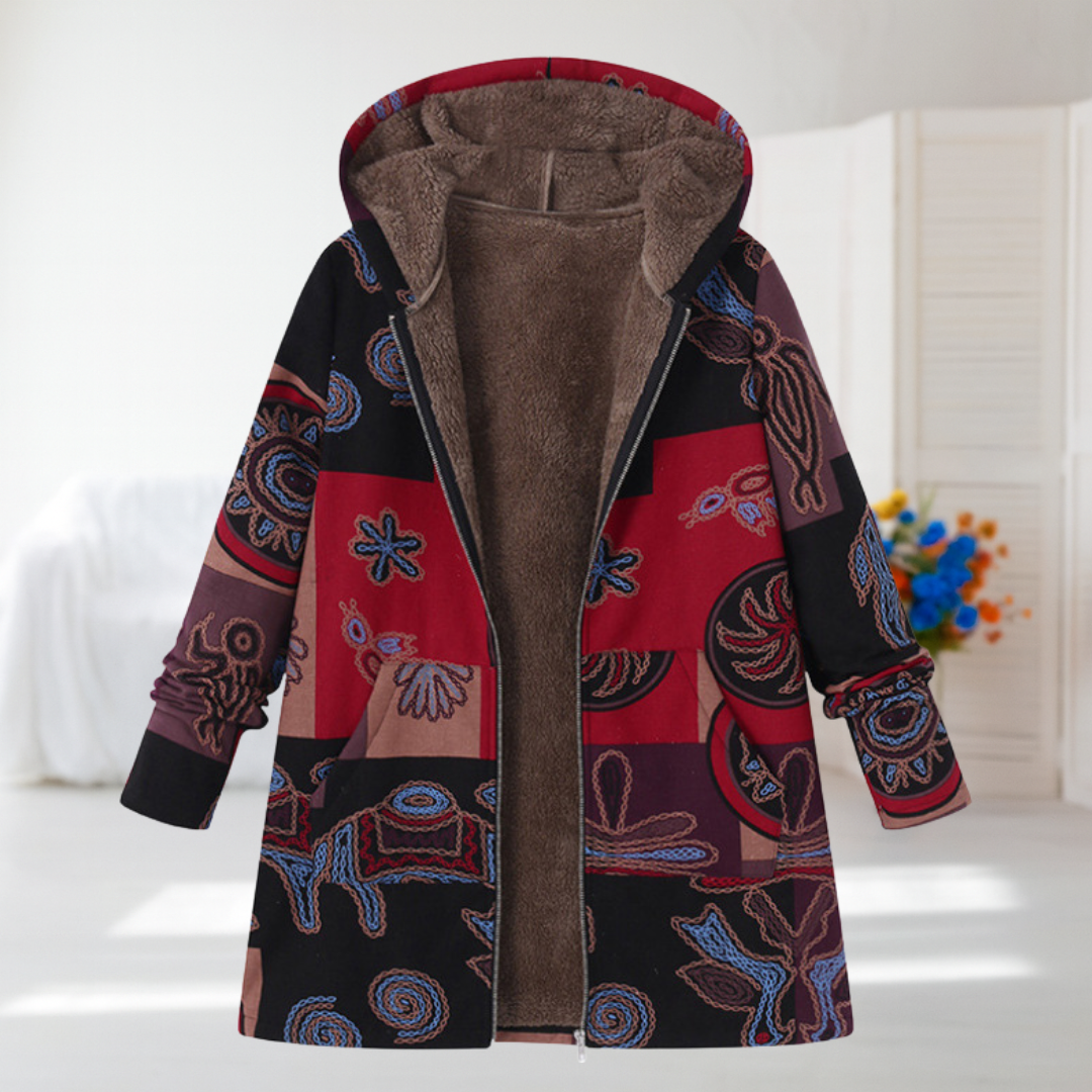 Aurora - Black Folk Print Hooded Coat