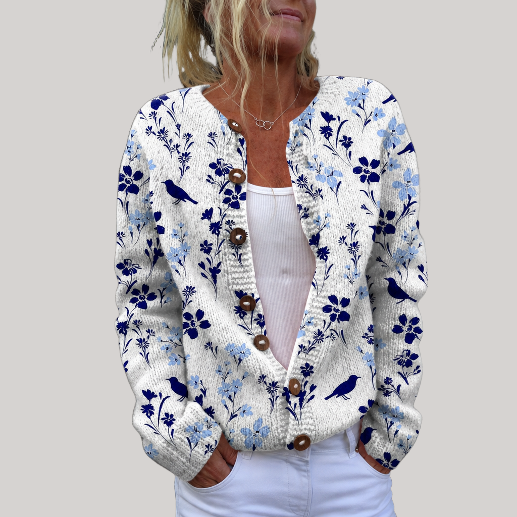 Iris - Vintage Floral Bird Print Button-Front Cardigan