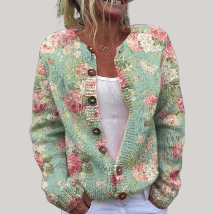 Christa - Sage Green Rose Print Cardigan