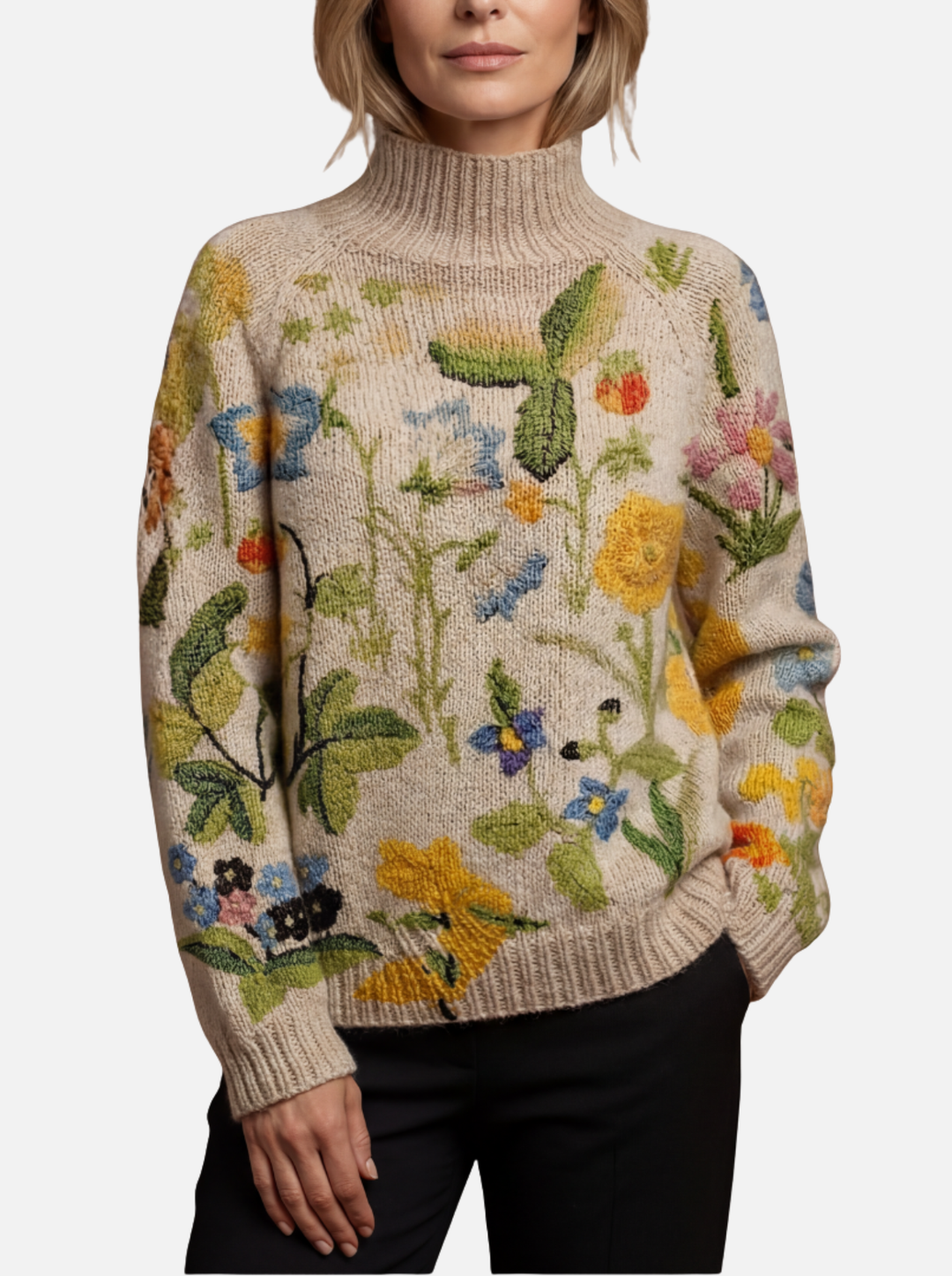 Nicola - Painted Floral Roll Neck Jumper