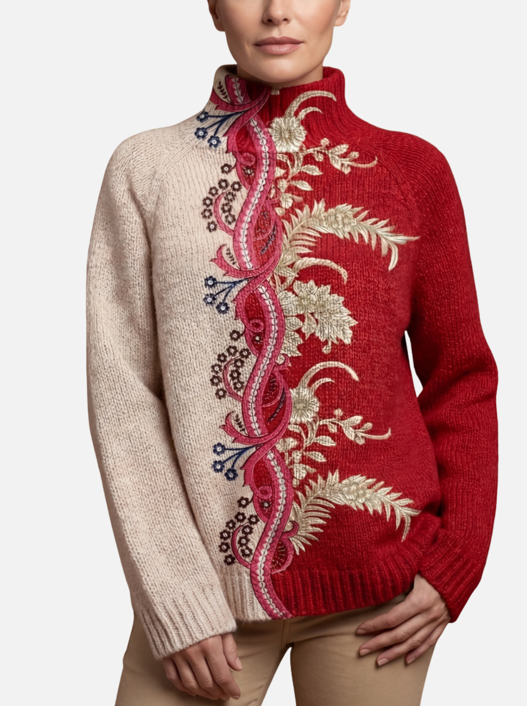 Emma - Two-Tone Floral Roll Neck Jumper